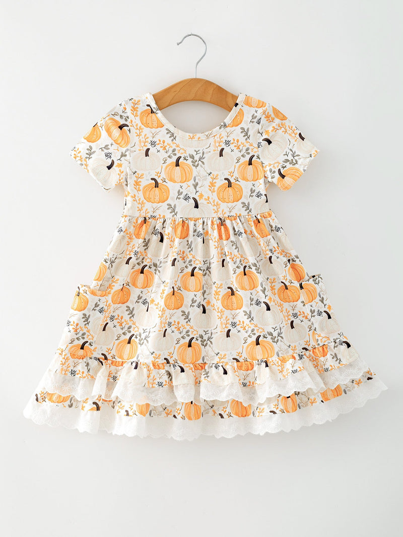 Fall Orange Girls Pumpkin Patch Pockets Dress Lace Trim - 2