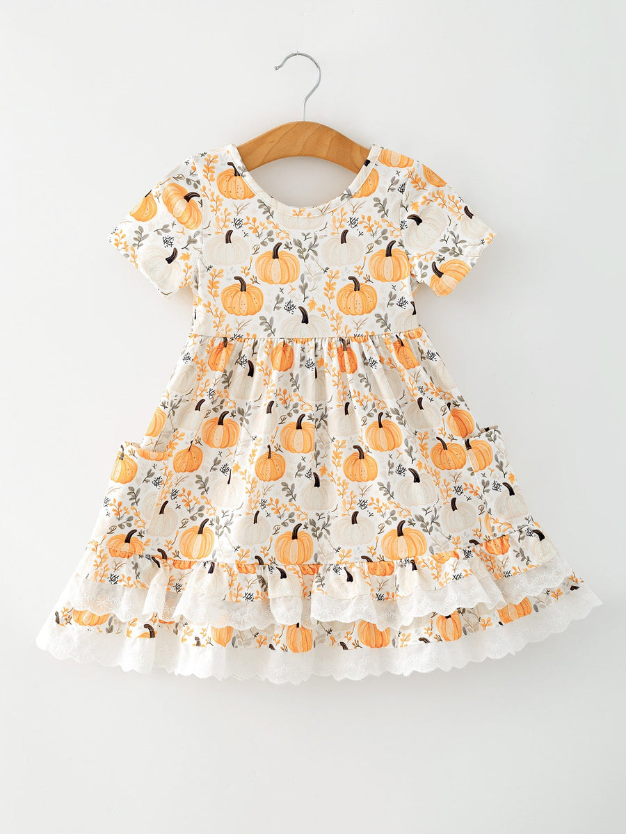 Fall Orange Girls Pumpkin Patch Pockets Dress Lace Trim