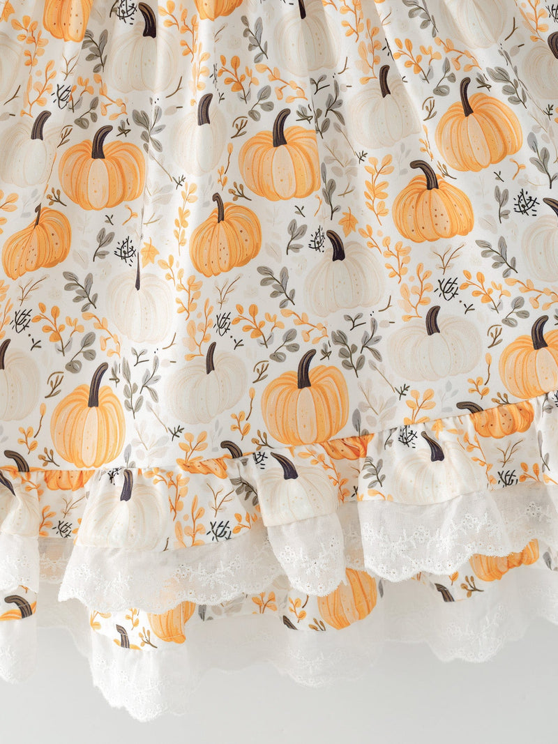 Fall Orange Girls Pumpkin Patch Pockets Dress Lace Trim - 3