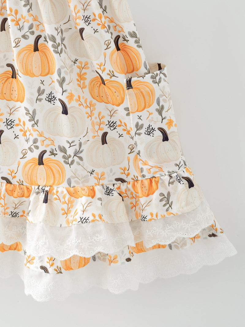 Fall Orange Girls Pumpkin Patch Pockets Dress Lace Trim - 5