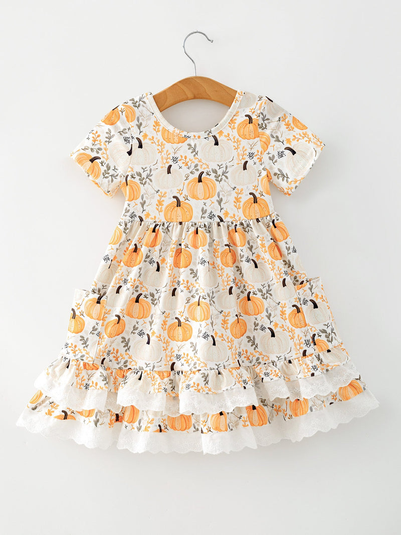 Fall Orange Girls Pumpkin Patch Pockets Dress Lace Trim - 1