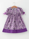 Purple Floral Girls Dress Bow Petal Collar Ruffle Hem Dress - 1