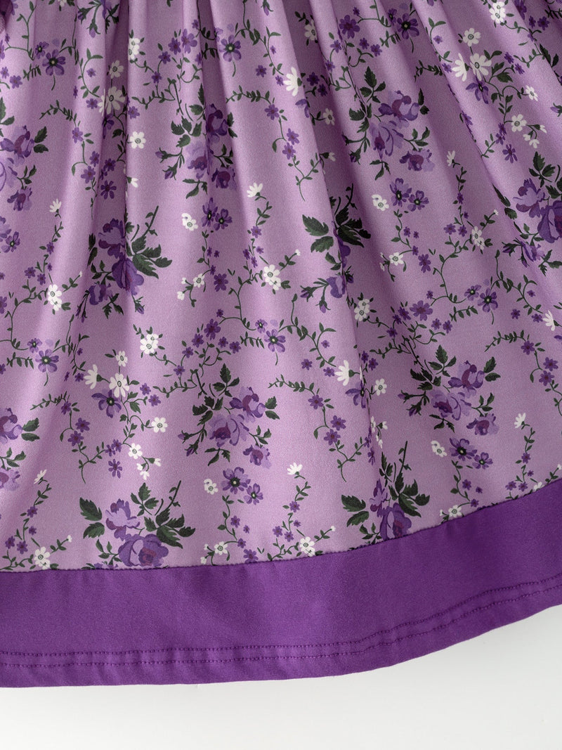 Purple Floral Girls Dress Bow Petal Collar Ruffle Hem Dress - 3
