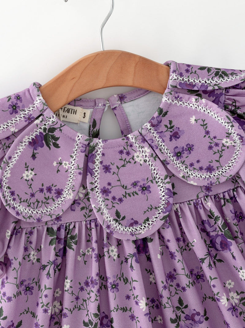 Purple Floral Girls Dress Bow Petal Collar Ruffle Hem Dress - 4