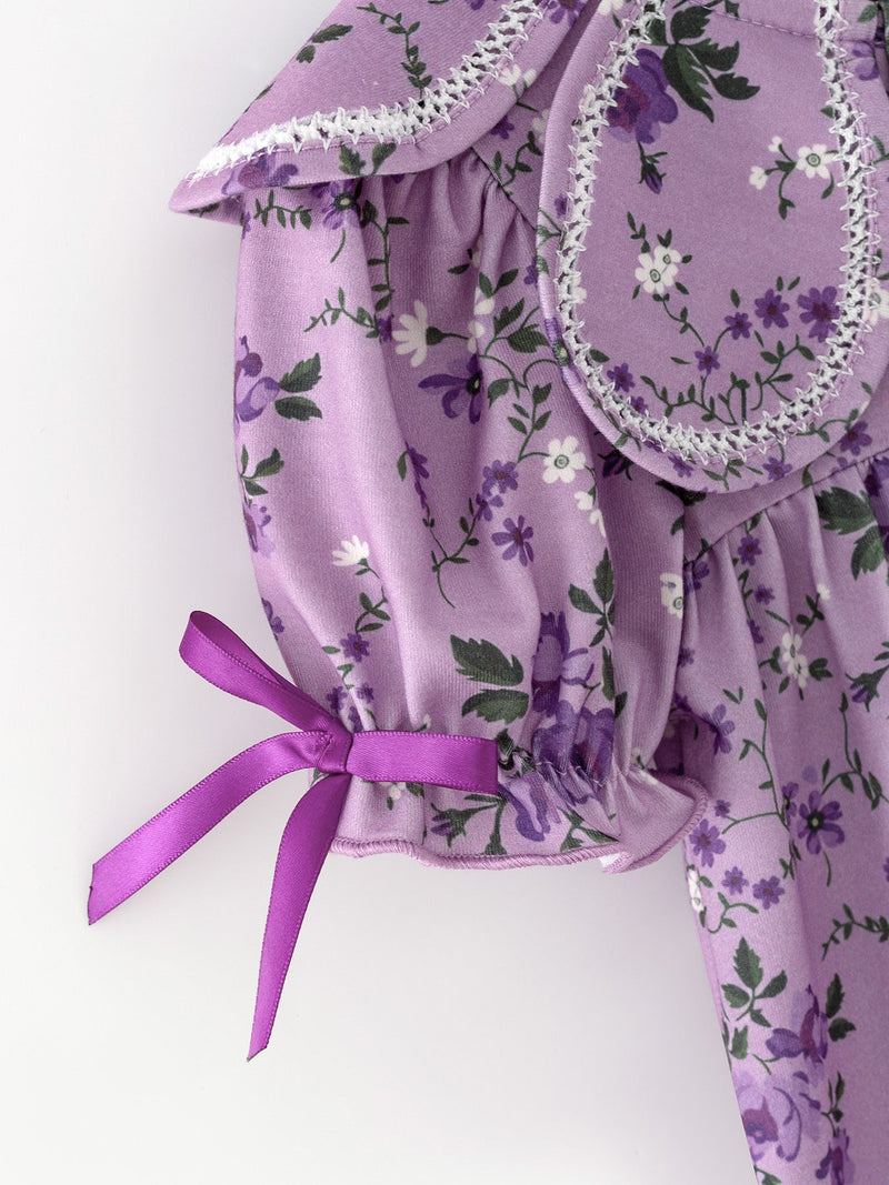 Purple Floral Girls Dress Bow Petal Collar Ruffle Hem Dress - 5