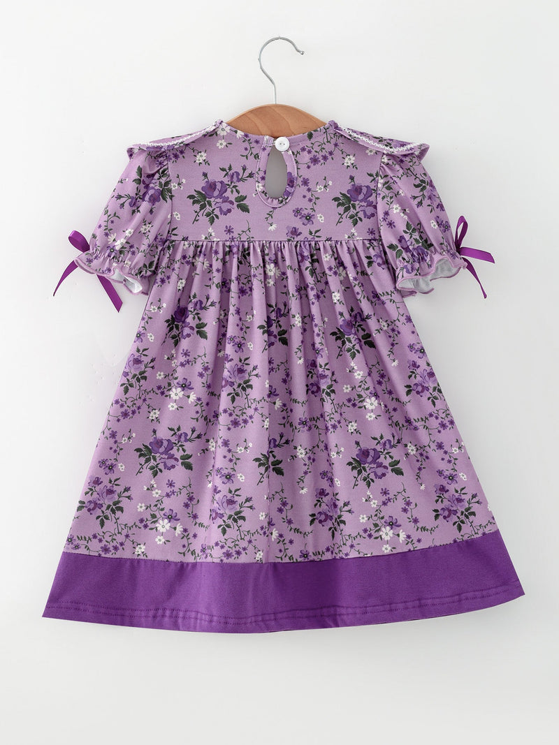 Purple Floral Girls Dress Bow Petal Collar Ruffle Hem Dress - 2