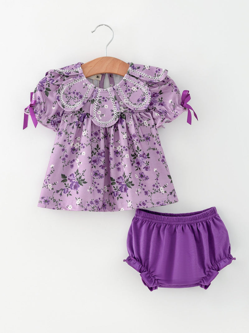 Floral Girls Outfit Set Purple Puff Sleeve Top Bloomers Set - 1