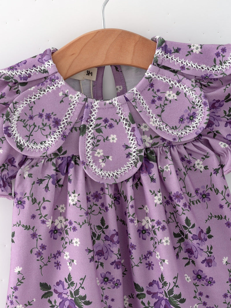Floral Girls Outfit Set Purple Puff Sleeve Top Bloomers Set - 2