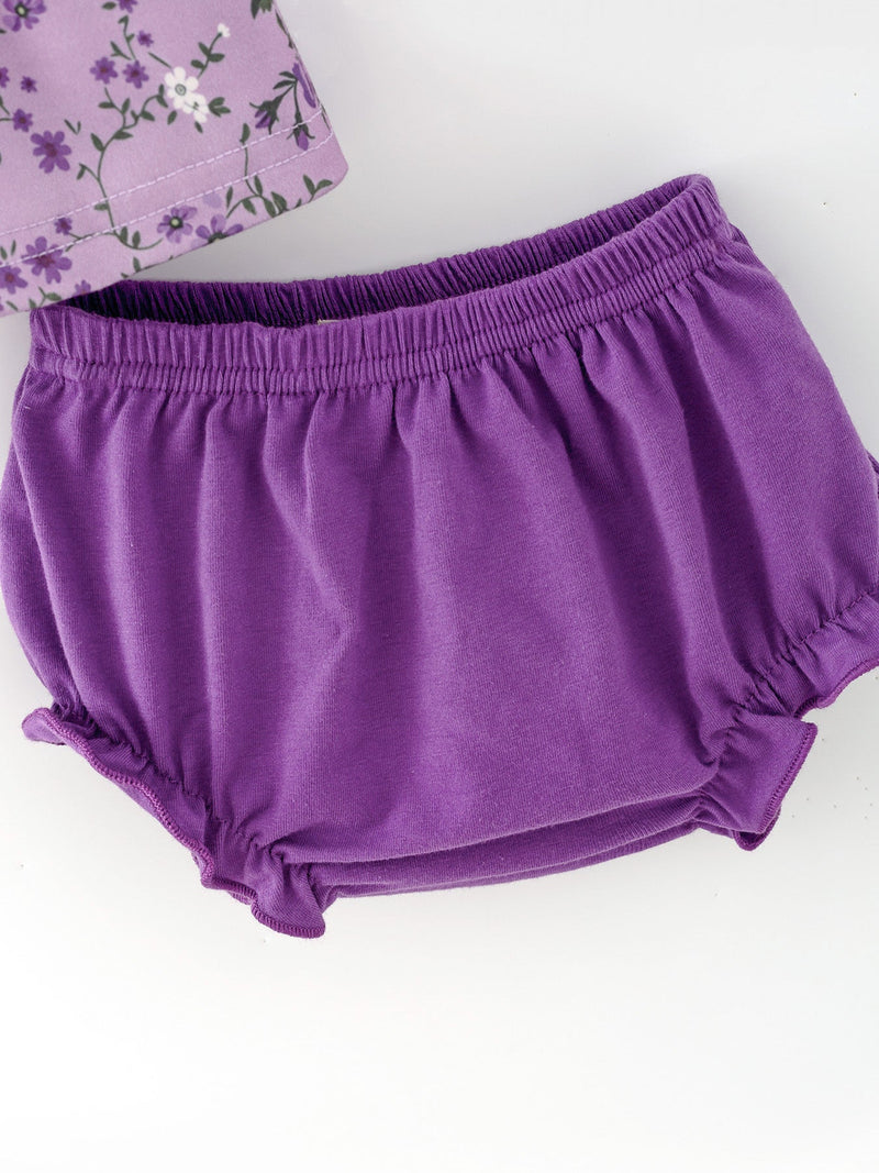 Floral Girls Outfit Set Purple Puff Sleeve Top Bloomers Set - 3