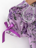 Floral Girls Outfit Set Purple Puff Sleeve Top Bloomers Set - 4