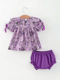 Floral Girls Outfit Set Purple Puff Sleeve Top Bloomers Set - 5