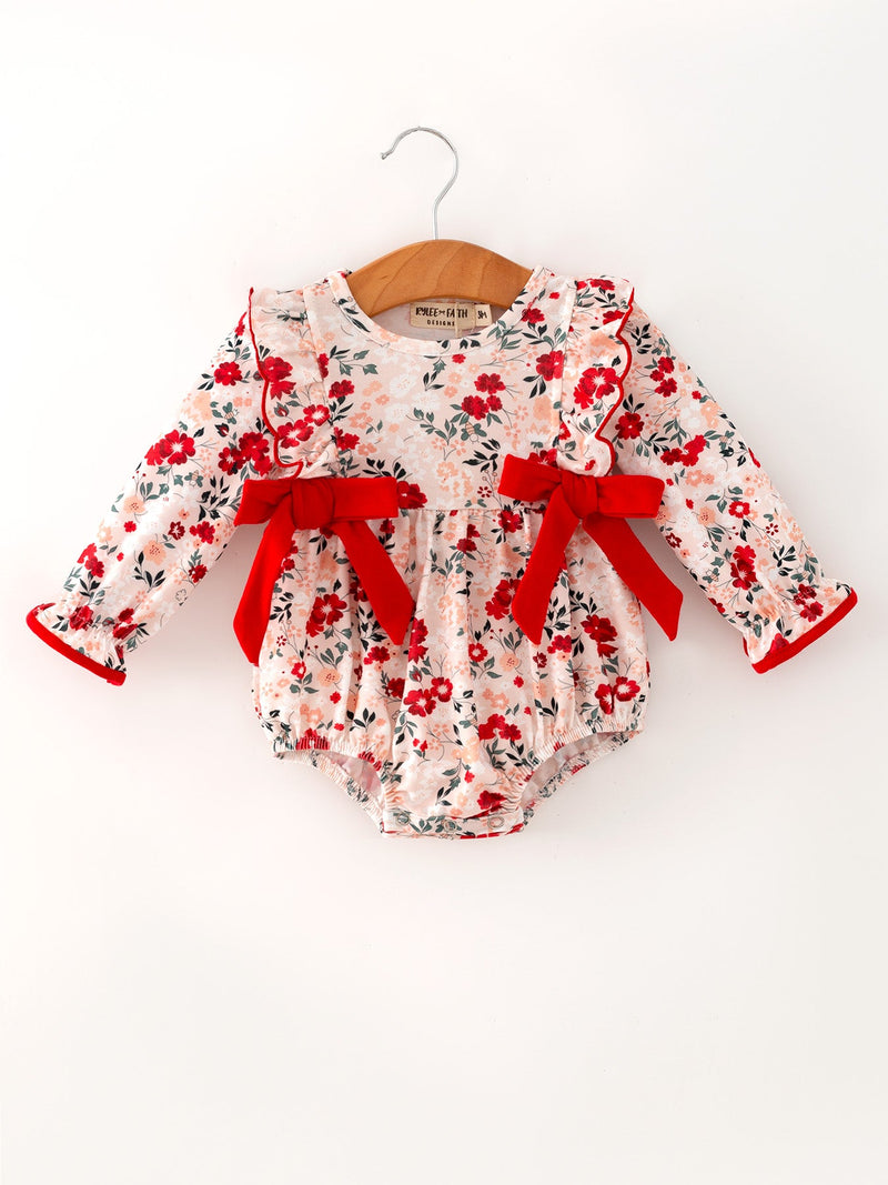 Fall Floral Baby Girl Romper Ruffle Bow Long Sleeve - 1