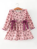 Fall Purple Rose Floral Girl Dress Bow Ruffle Long Sleeve Scalloped Hem - 1