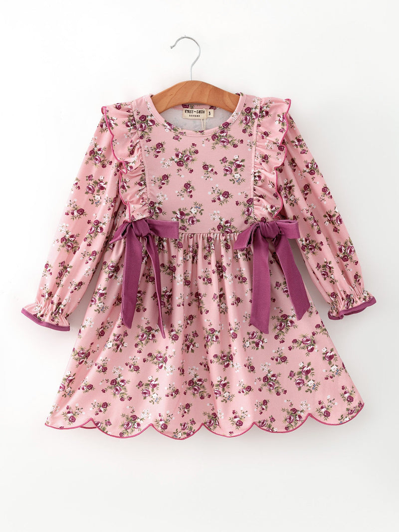 Fall Purple Rose Floral Girl Dress Bow Ruffle Long Sleeve Scalloped Hem - 1