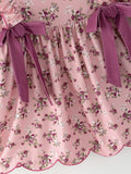 Fall Purple Rose Floral Girl Dress Bow Ruffle Long Sleeve Scalloped Hem - 3