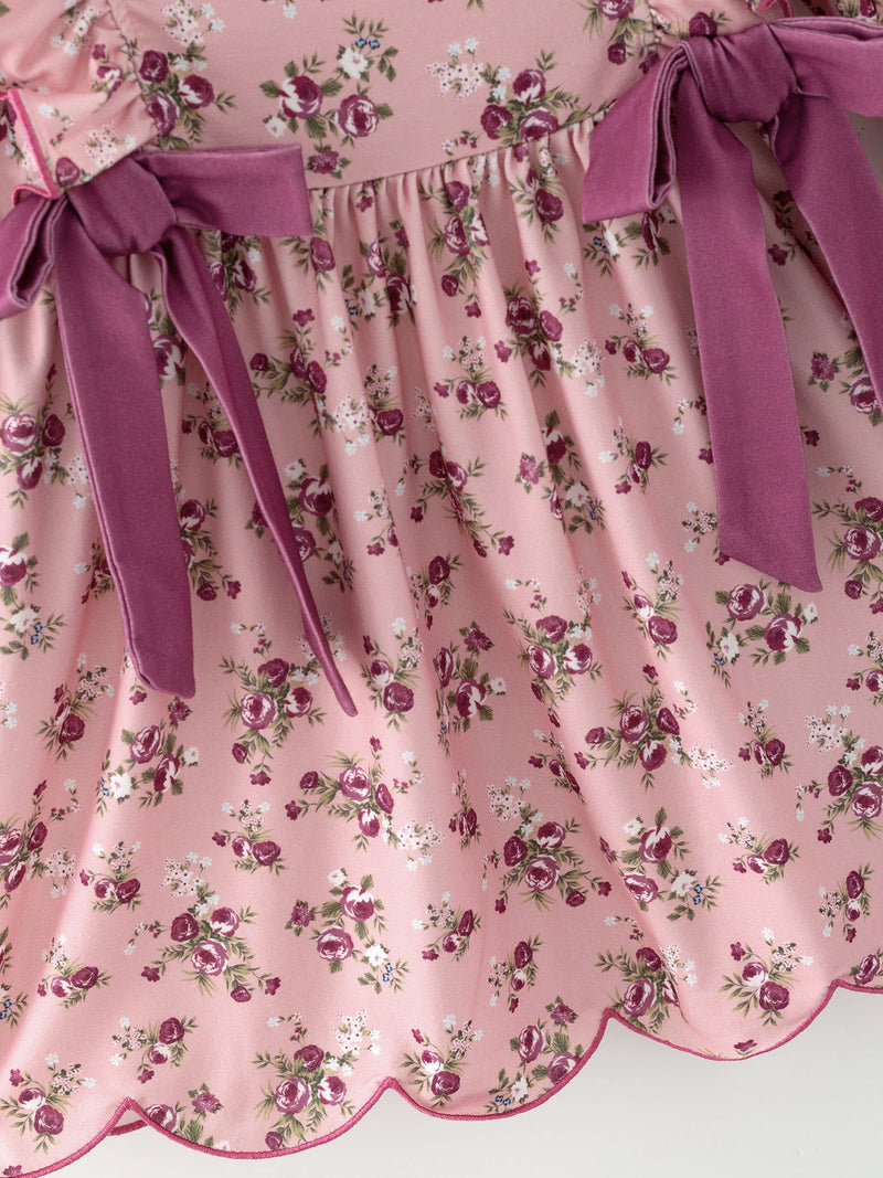Fall Purple Rose Floral Girl Dress Bow Ruffle Long Sleeve Scalloped Hem - 3