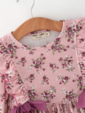Fall Purple Rose Floral Girl Dress Bow Ruffle Long Sleeve Scalloped Hem - 4