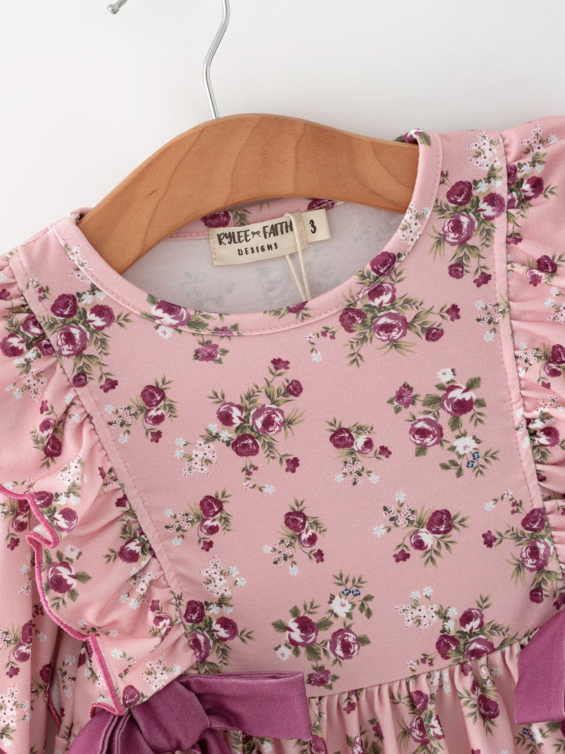 Fall Purple Rose Floral Girl Dress Bow Ruffle Long Sleeve Scalloped Hem - 4