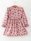 Fall Purple Rose Floral Girl Dress Bow Ruffle Long Sleeve Scalloped Hem - 2
