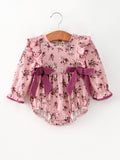Fall Purple Floral Baby Girl Romper Bow Ruffle Long Sleeve - 1