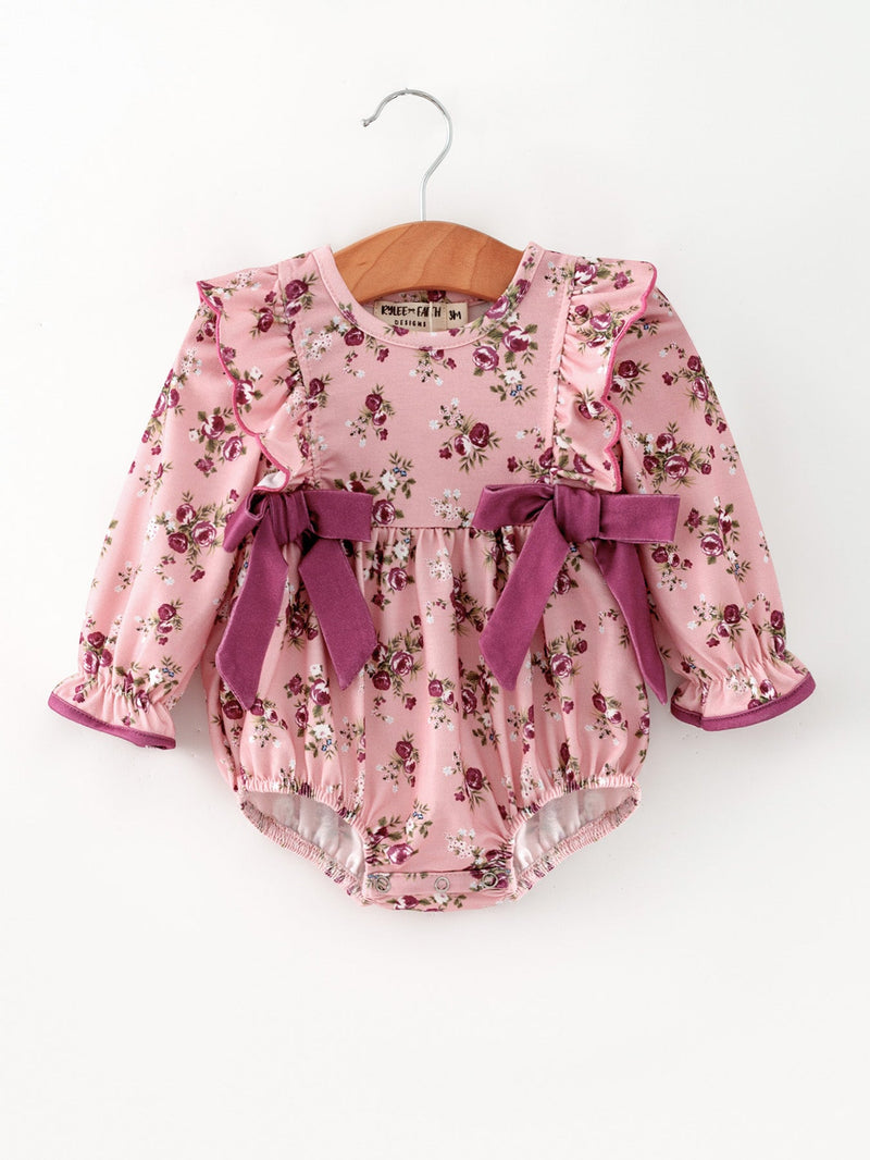 Fall Purple Floral Baby Girl Romper Bow Ruffle Long Sleeve - 1