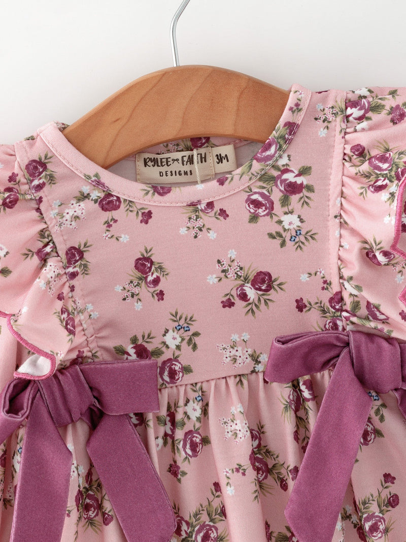 Fall Purple Floral Baby Girl Romper Bow Ruffle Long Sleeve - 3