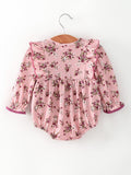 Fall Purple Floral Baby Girl Romper Bow Ruffle Long Sleeve - 2