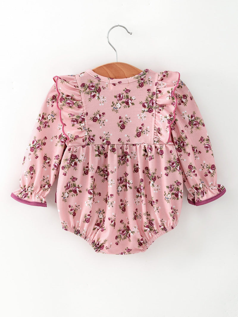 Fall Purple Floral Baby Girl Romper Bow Ruffle Long Sleeve - 2