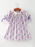 Fall Purple Floral Smocked Embroidered Girl Dress - 1