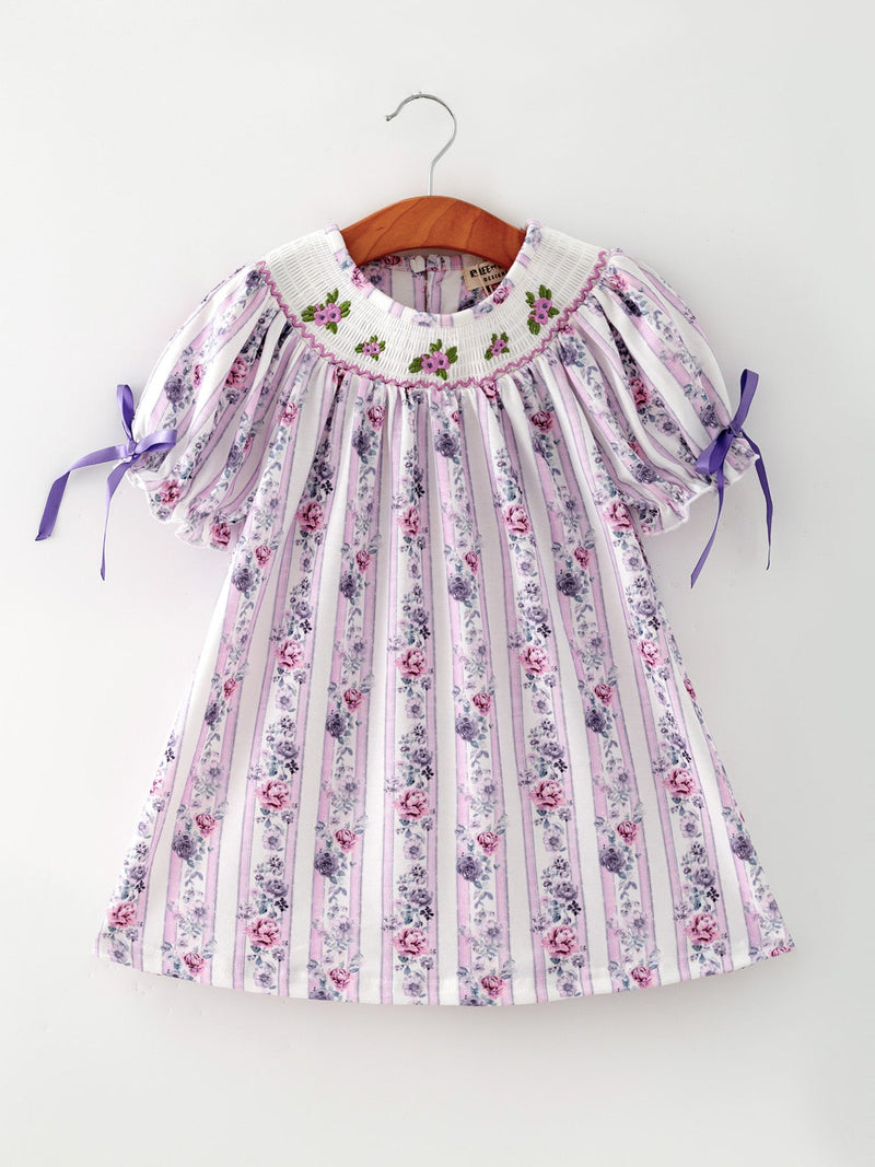 Fall Purple Floral Smocked Embroidered Girl Dress - 1