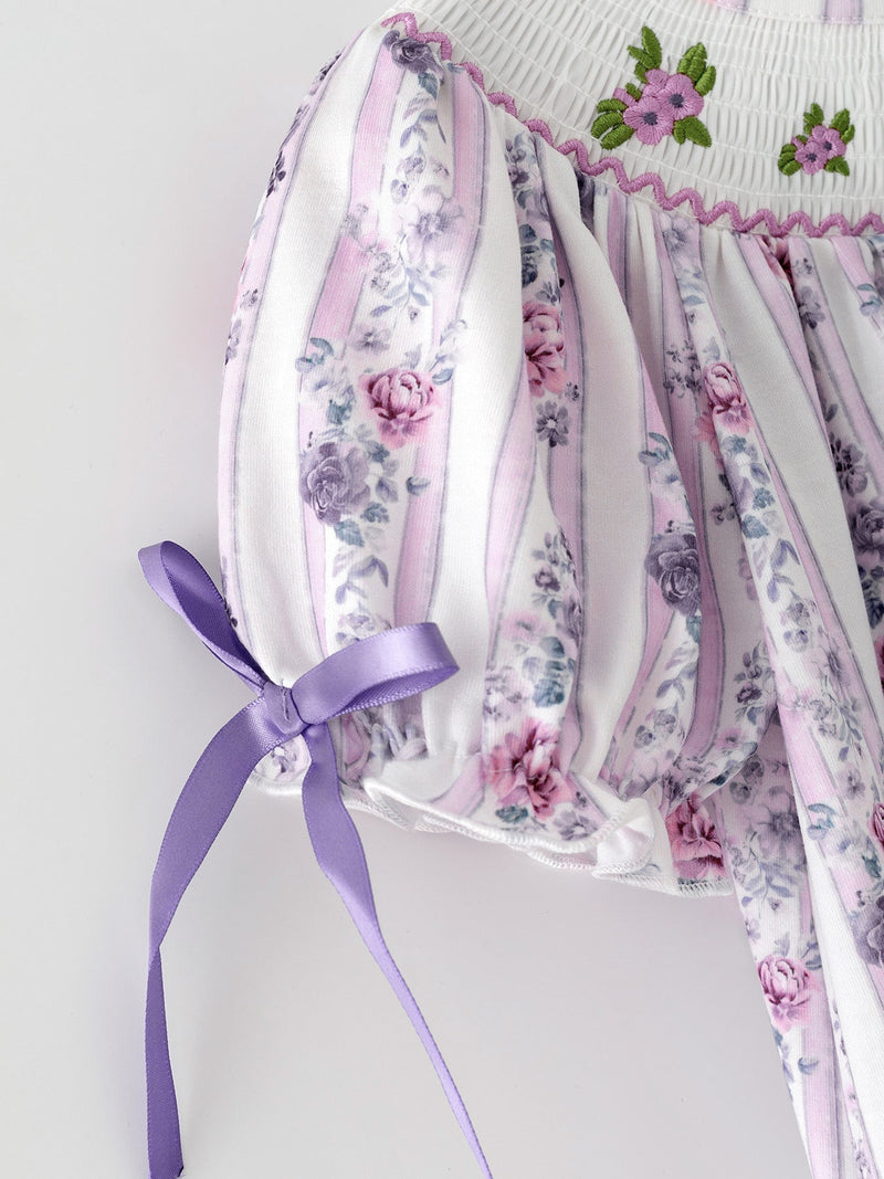 Fall Purple Floral Smocked Embroidered Girl Dress - 5