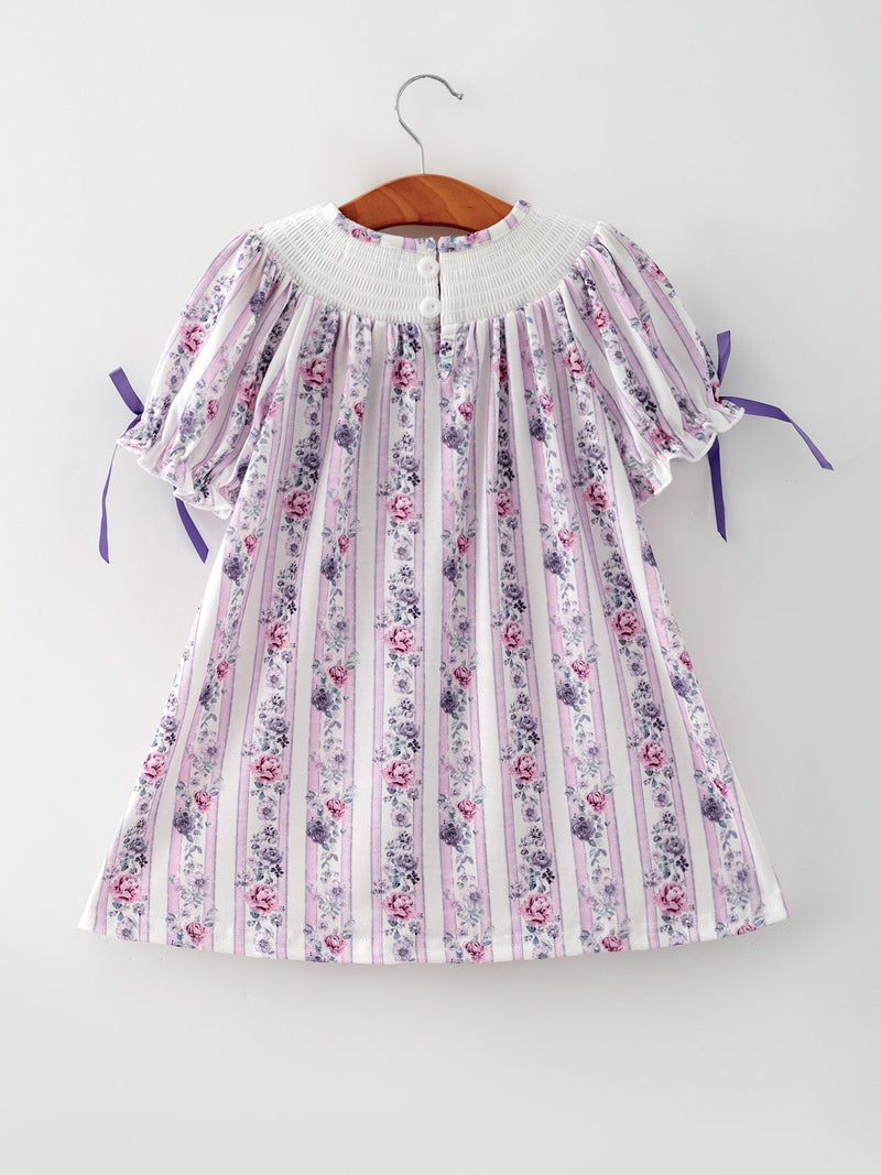 Fall Purple Floral Smocked Embroidered Girl Dress - 2