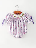 Fall Purple Floral Smocked Embroidered Baby Girl Romper - 1