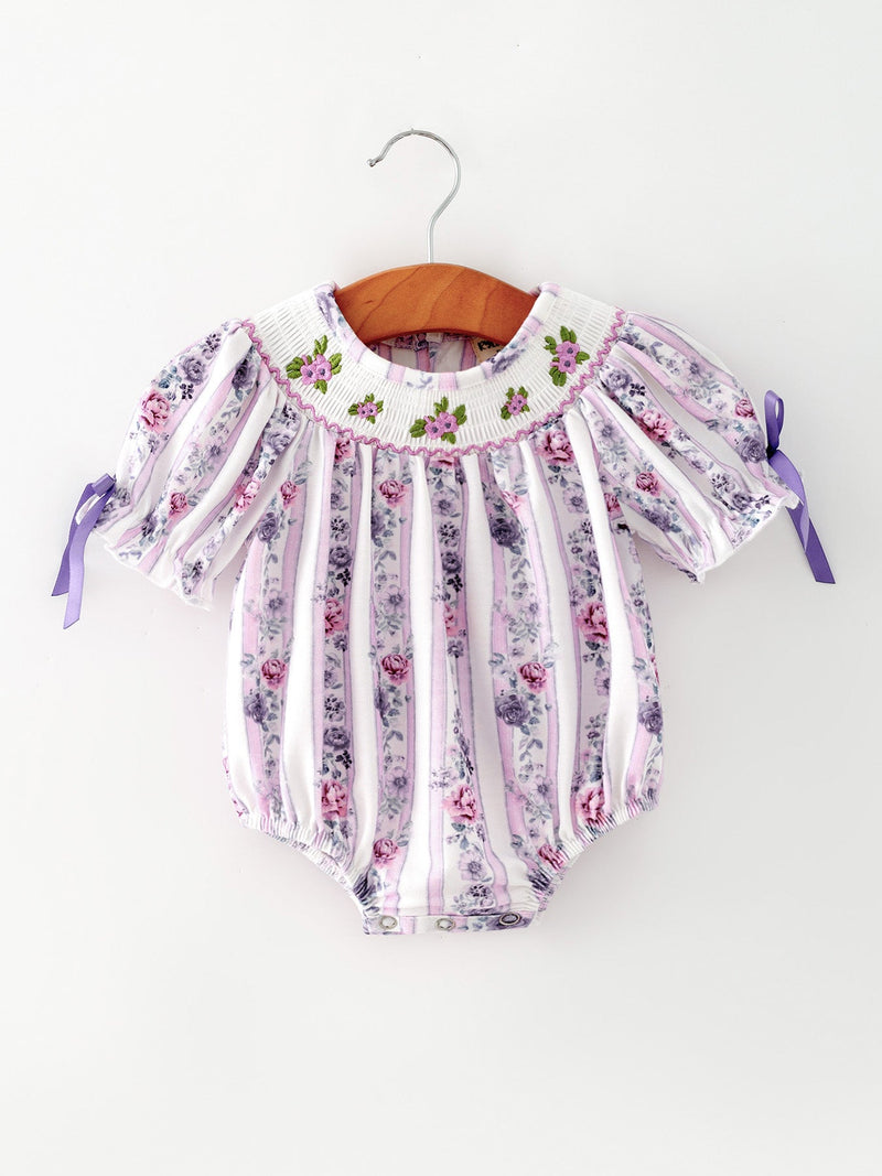 Fall Purple Floral Smocked Embroidered Baby Girl Romper - 1