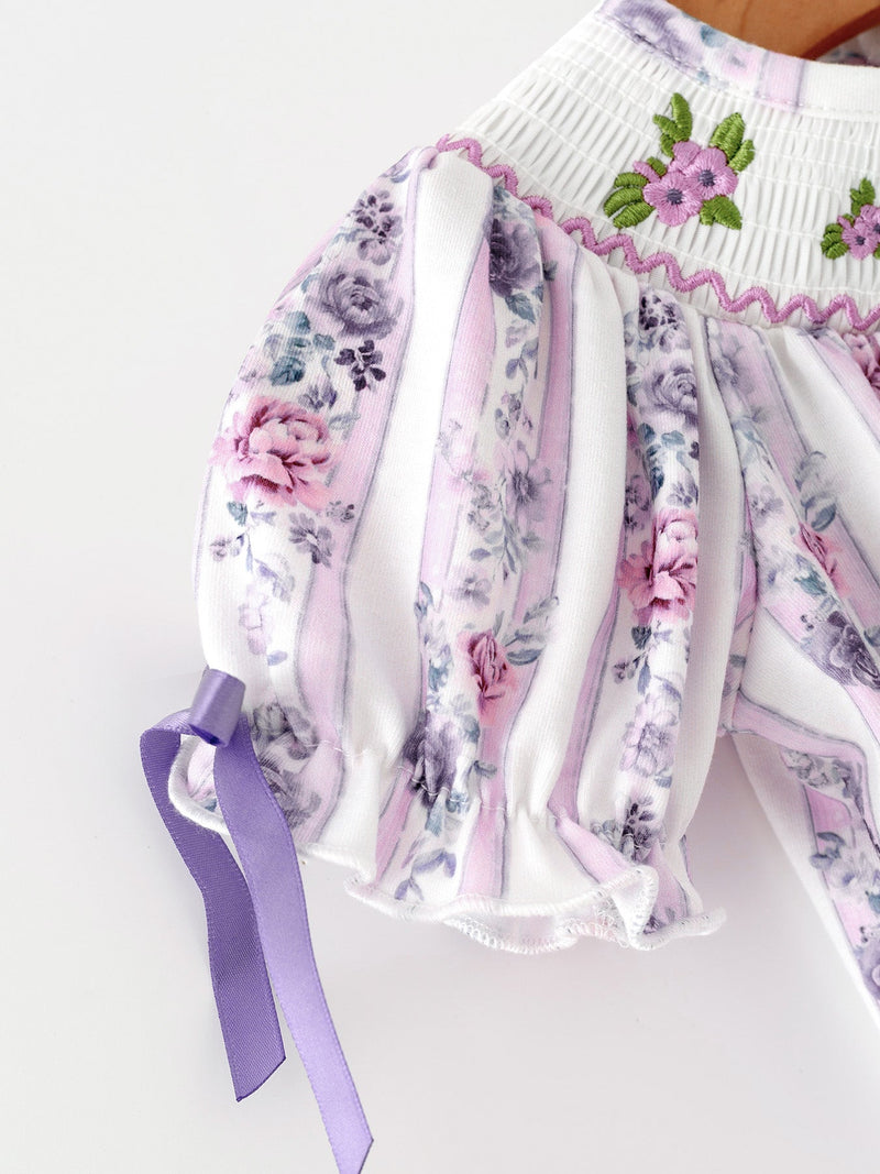 Fall Purple Floral Smocked Embroidered Baby Girl Romper - 5