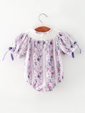 Fall Purple Floral Smocked Embroidered Baby Girl Romper - 2