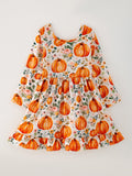 Girls FALL Pumpkin Print Long Sleeve Dress - 2
