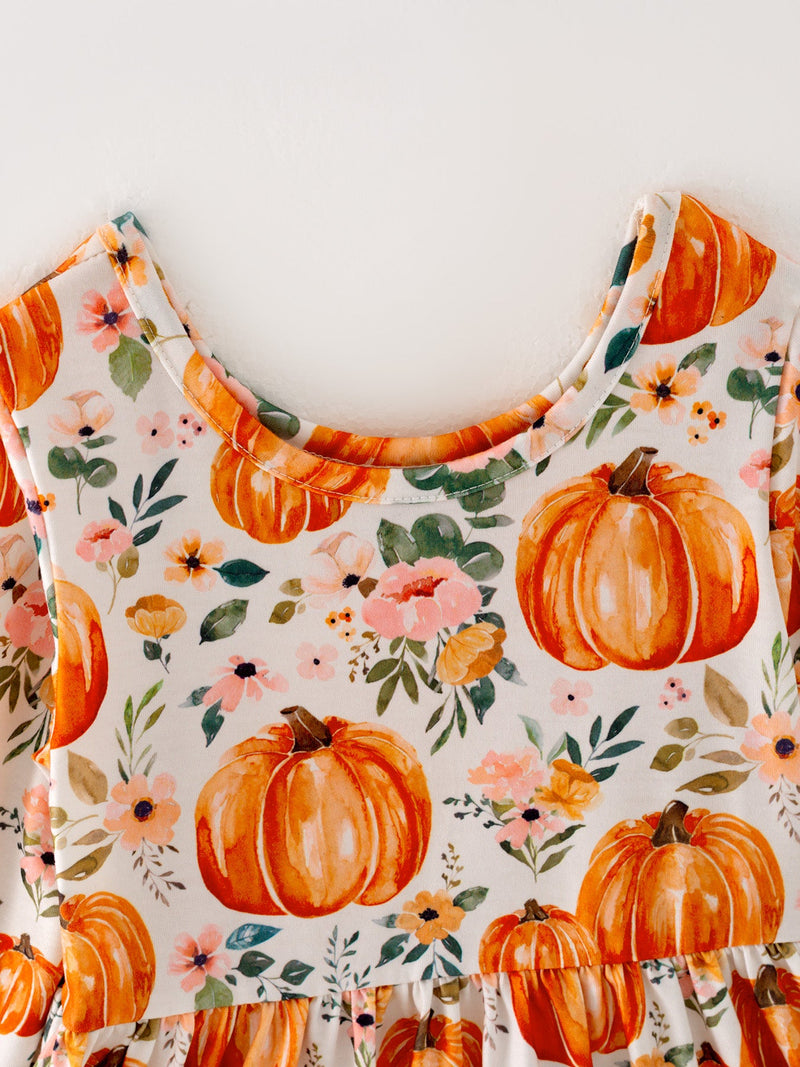 Girls FALL Pumpkin Print Long Sleeve Dress - 4