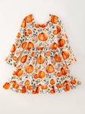 Girls FALL Pumpkin Print Long Sleeve Dress - 3