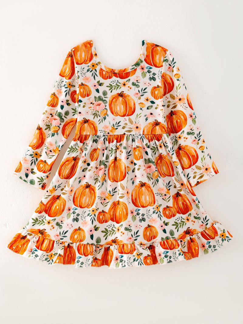 Girls FALL Pumpkin Print Long Sleeve Dress - 3
