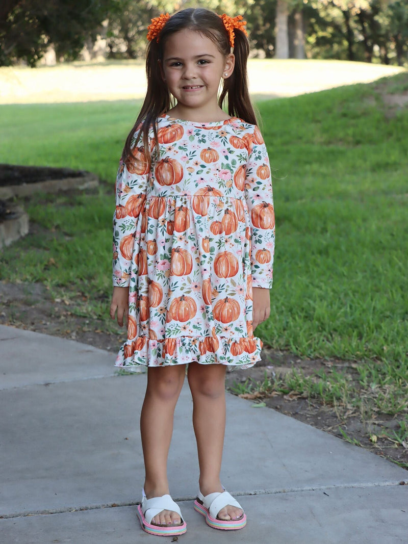 Girls FALL Pumpkin Print Long Sleeve Dress - 1