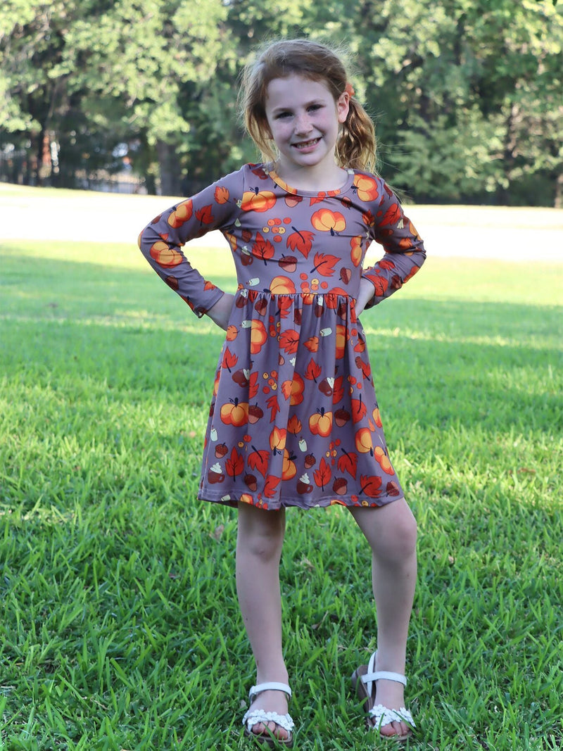 Fall Autumn Leaves Pine Cone Stripe Print Girls Dress - 2