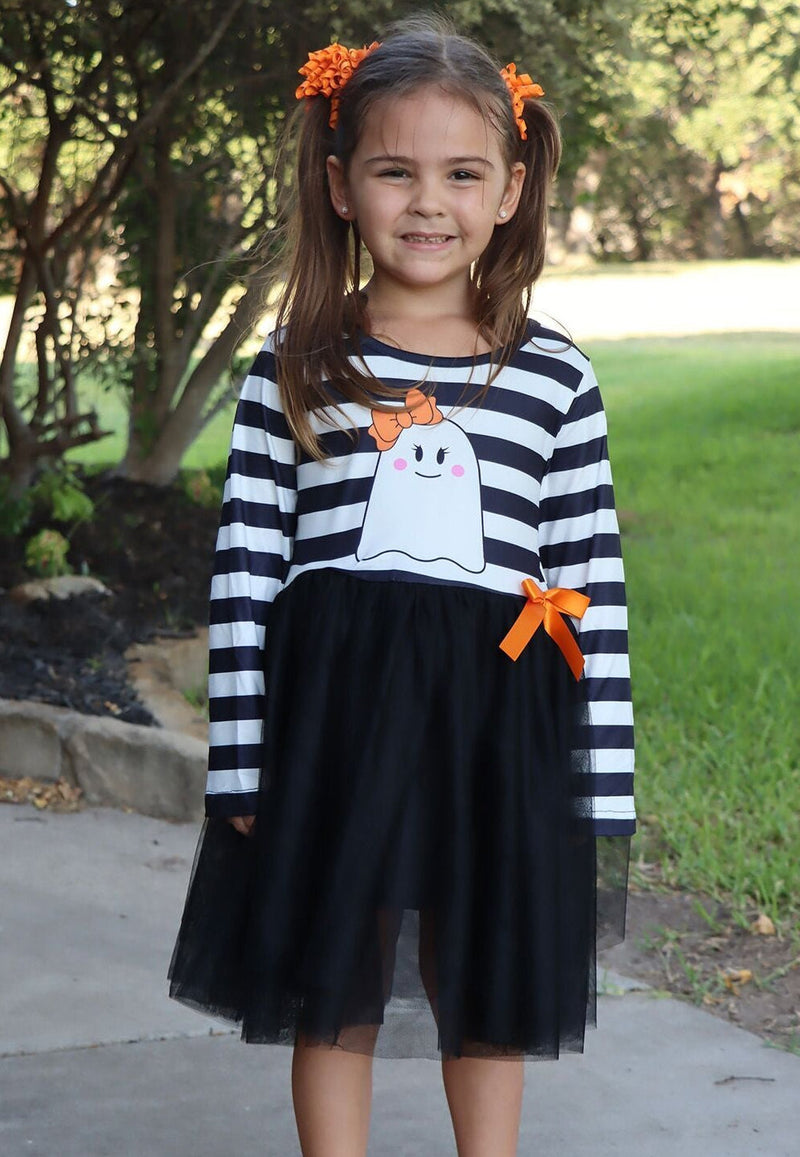 Fall Halloween Ghost Baby Girls Tutu Skirt Long Sleeve Stripe Dress - 1
