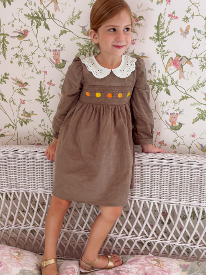 Fall Girls Pumpkin Smocked Eyelet Collar Corduroy Dress - 1