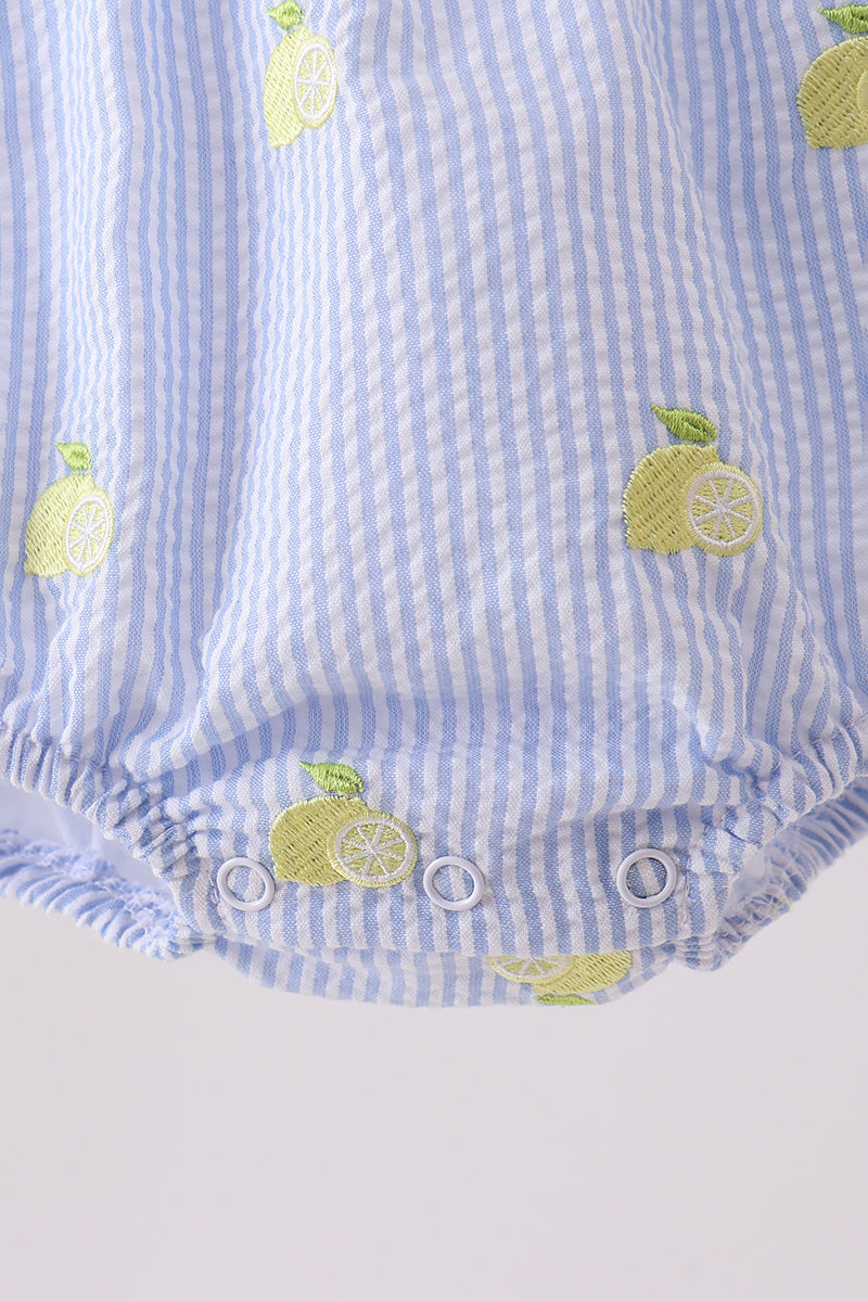 Blue stripe seersucker lemon embroidery ruffle bubble - 3
