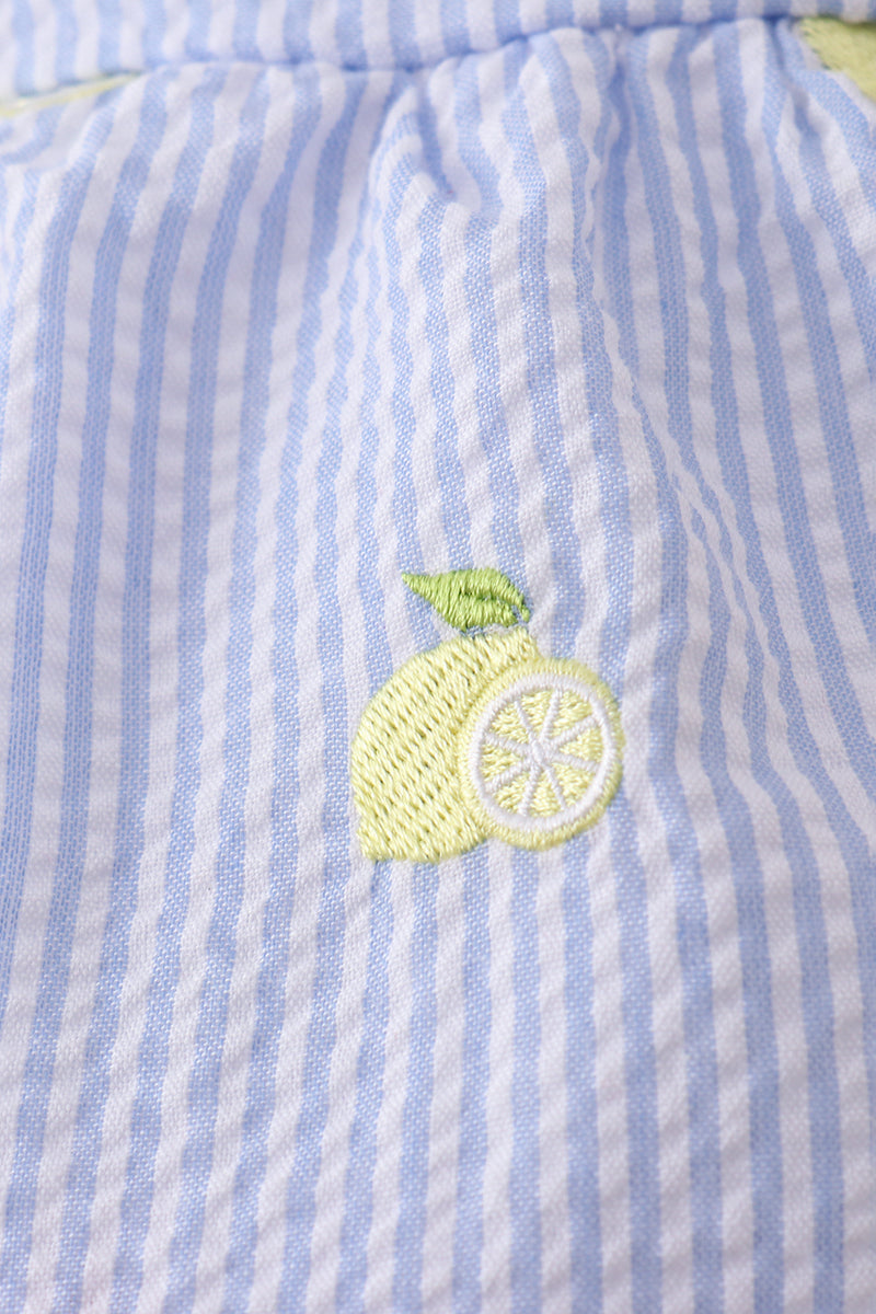 Blue stripe seersucker lemon embroidery ruffle bubble - 4