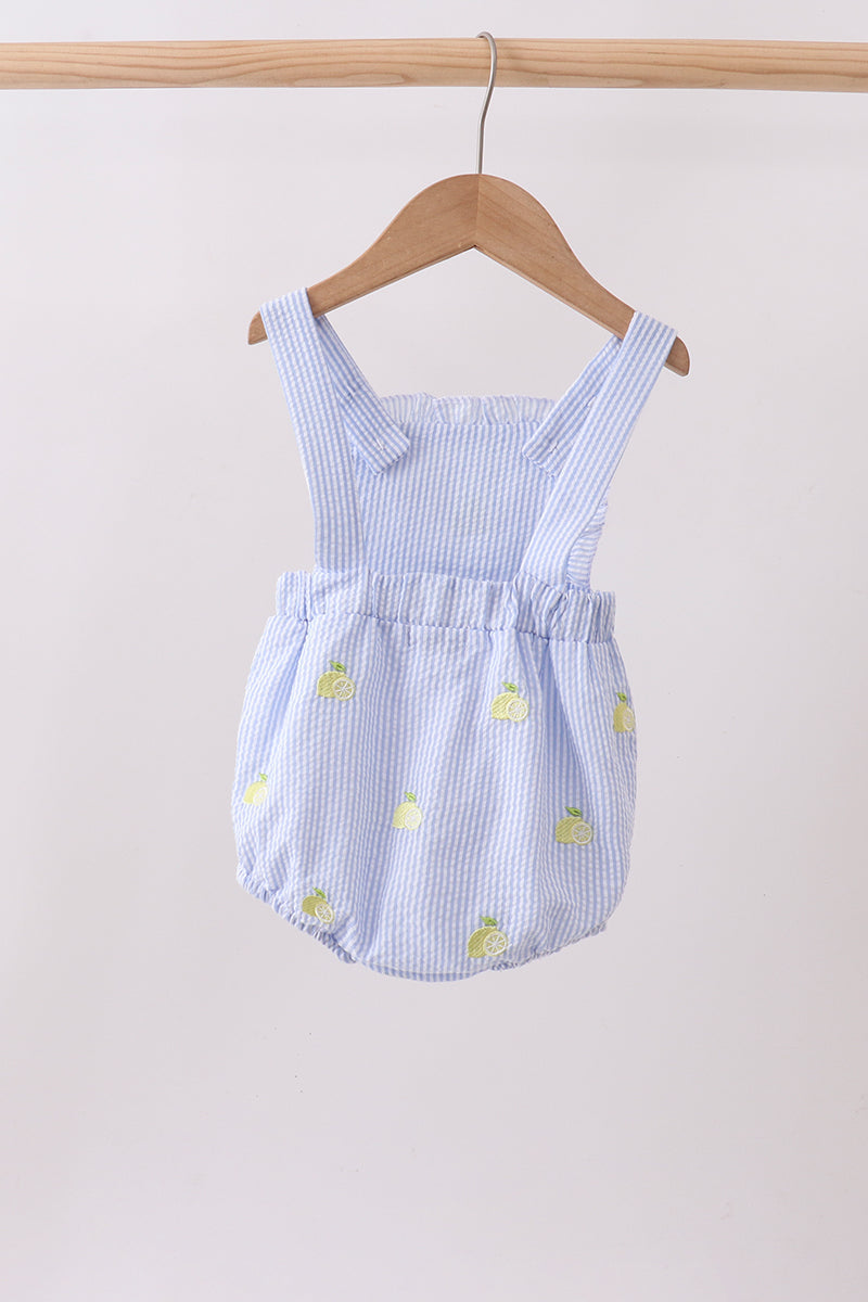 Blue stripe seersucker lemon embroidery ruffle bubble - 5
