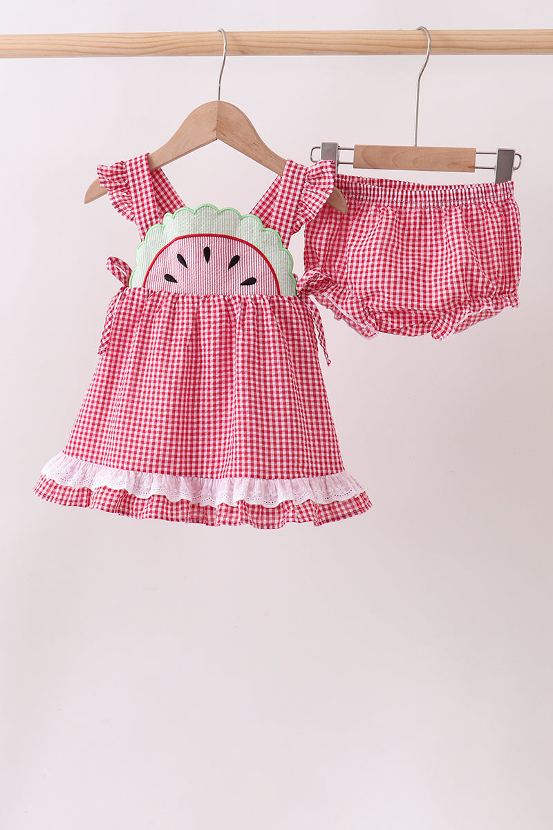 Red watermelon ruffle gingham bloomer set - 1