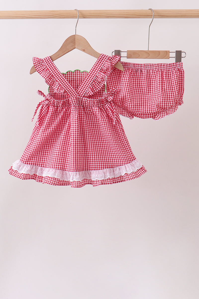 Red watermelon ruffle gingham bloomer set - 2