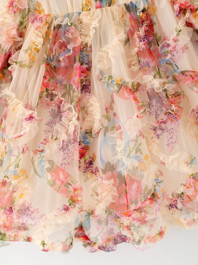 Pastel Flower Ruffle Layered Girls Dress - 6